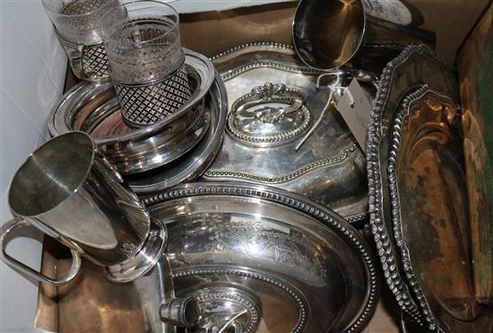 Part canteen of mother of pearl-handled dessert knives & forks & sundry plate, inc entree dishes, coasters, hip flask etc